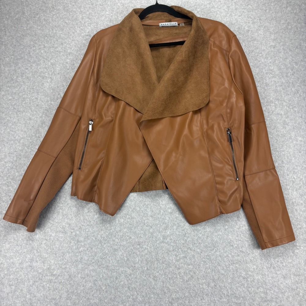 Bagatelle Faux Leather Jacket Women XL Brown Draped Open Front Chic Edgy Cognac